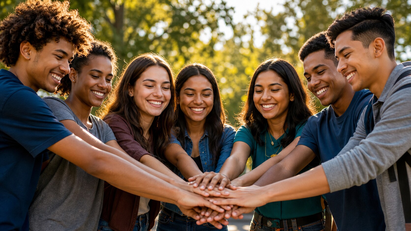 Grupo de jovens unidos com as mãos ao centro